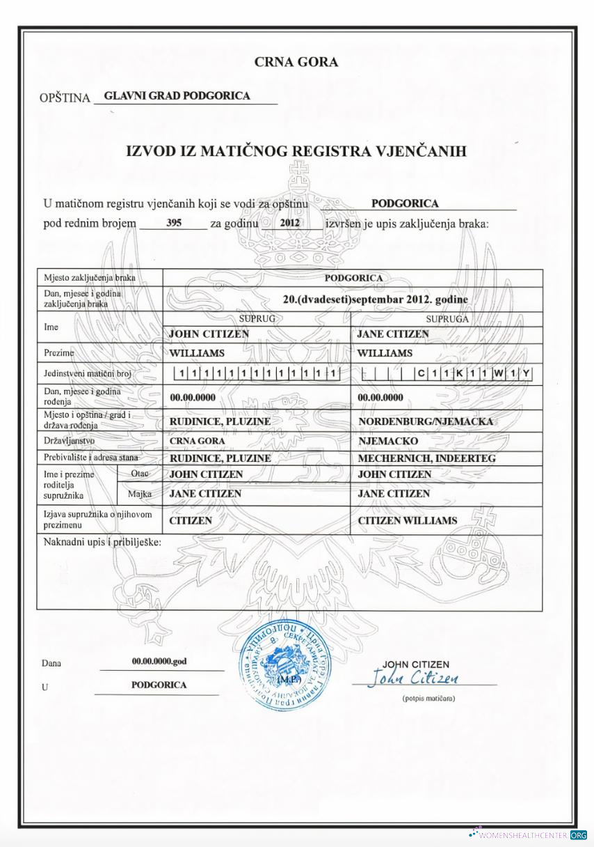 Download MONTENEGRO (Crna Gora) marriage certificate Photoshop template